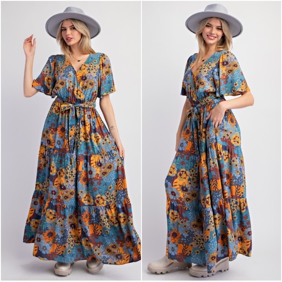 easel Dresses & Skirts - NWOT Easel Boho Floral Maxi Dress - Blue and Orange